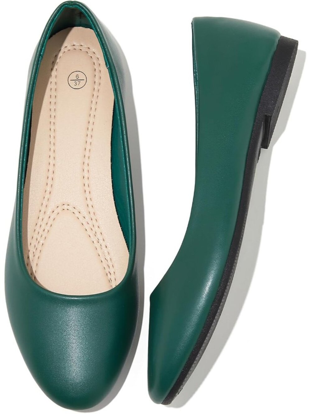 Women's Dark Green PU Leather Non Slip Low Heel Slip on Ballet Loafer Flat Shoes